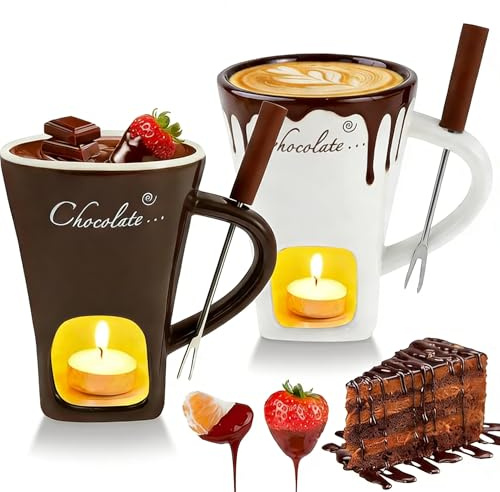 LingBaby Schokoladenfondue Tasse Schoko Fondueset Fondue Tasse Schokofondue Teelicht Schokofondue Mit Gabeln Schokoladenschmelz Becher Keramik-Butterwärmer-Topf (weiß+braun)