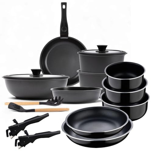 Bergner | Batería de cocina 10 Piezas | Mango extraíble, 3 Sartenes, 2 Cazos, Tapas y Utensilios + REGALO 3 Cazos Ø16Ø18Ø20cm + asa extraíble + REGALO 2 Sartenes Ø22 Ø26cm + asidero extraíble