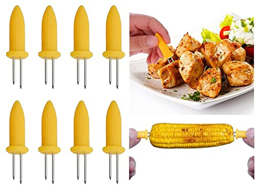 2x Paar ineinander greifende gute Griffe Maiskolbenhalter-Set Edelstahl-Maiskolben-Spieße Küchenhelfer Wiederverwendbare Grillgabeln Zinken Kunststoffgriff für Hauskochpartys BBQ Camping