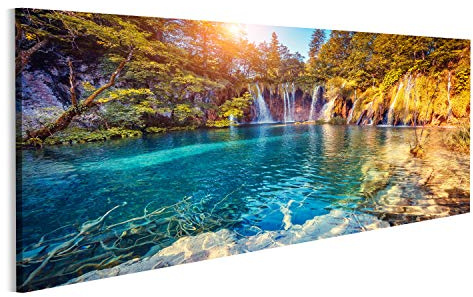 islandburner Bild Bilder auf Leinwand majestätische Ansicht auf Türkiswasser und sonnige Strahlen im Plitvice See-Nationalpark Kroatien Wandbild, Poster, Leinwandbild NCY