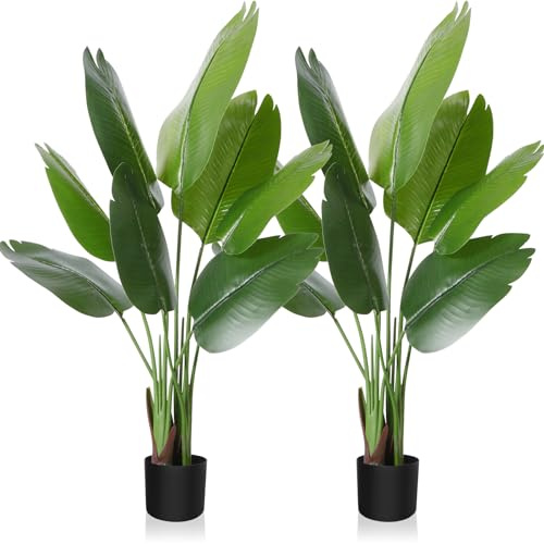 CROSOFMI Künstliche Paradiesvogel Pflanze 120cm künstliche Tropische Palme mit 8 Blättern perfekte künstliche Pflanzen im Topf für drinnen und draußen Haus Büro Garten Moderne Dekoration（2 Pack）