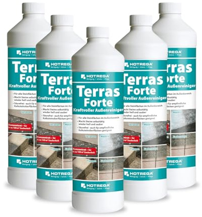 HOTREGA Terras Forte Steinreiniger Außenbereich | 5L Konzentrat | Säurefrei | Selbsttätige Reinigung von Naturstein & Beton | Aktivchlorbasis | Ideal für Terrassenplatten, Mauern, Treppen sowie Fugen