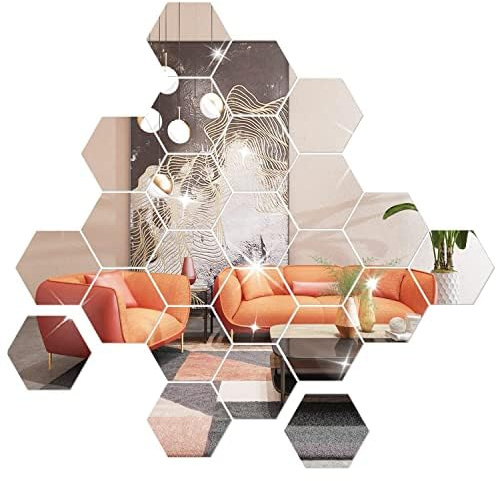 NILDOKI 36 Stück 6cm Sechseck Spiegel Acrylspiegel Spiegel Wandaufkleber Wandaufkleber Dekospiegel für Wohnzimmer, Schlafzimmer, Badezimmer, Küche, Wmkleidekabine(Silber)