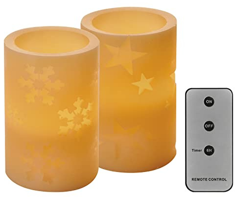 EMOS Vintage LED Wachskerzen mit Wintermotiven, 2 Stück, 6h Timer, Warmweiß, batteriebetrieben (je 2x AA), mit Fernbedienung (1x CR2032), Lebensdauer 10000 Stunden, Innenbereich, Wachs, DCCV14