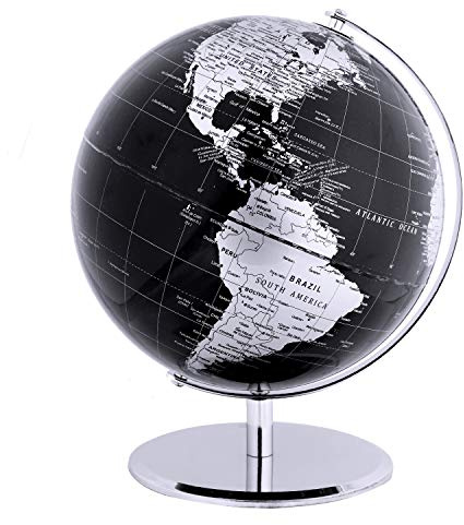 TOPGLOBE 20cm World Globe, Metallic Black Map with Stainless Steel Base | Rotating English Political Map Showing Countries Capitals Cities And Borders For Home School Office