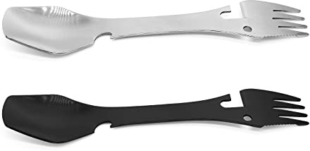 2 Pack Camping Spork Multi-Function Fork Spoon 5 in 1 Stainless Steel Spork, Fork & Knife, Can Opener Combo Camping Utensil for Picnic, Travel, Hiking(Black & Matte Silver)
