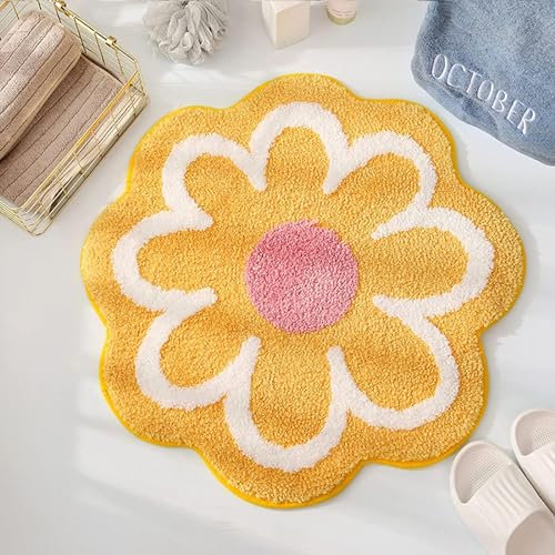 Teppich Wohnzimmer, Blumen Teppich Weiche Antirutsch Badematte mit Hoher Hygroskopizität Badvorleger Duschvorleger Fußmatte Teppichboden für Bad Küche Wohnzimmer Toilette 25.6x25.6 Inches (Gelb)