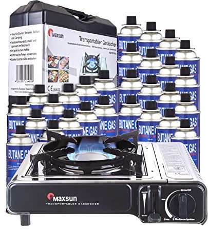 Maxsun | MaXimum Edelstahl Premium Gaskocher Set | tragbarer Campingkocher | Gaskartuschen Kocher (Kocher + 28 Kartuschen + Grillplatte)