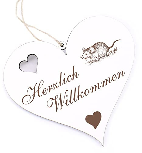 Herzlich Willkommen Schild - Maus - Deko Herz Holz Willkommensschild Türschild Dekoschild Türdeko