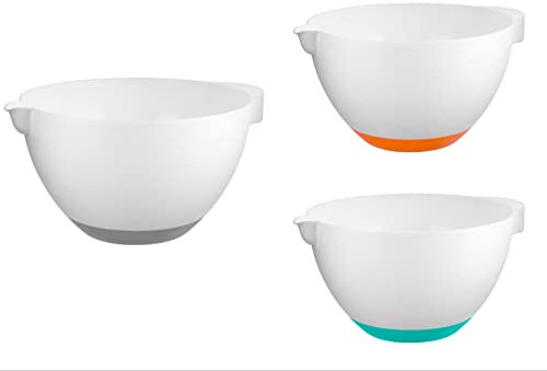 Foglish Home & Garden Set of 3 Plastic 3 Litre Round Mixing Bowls Dish Blue Orange Grey Non Slip Base Party Baking