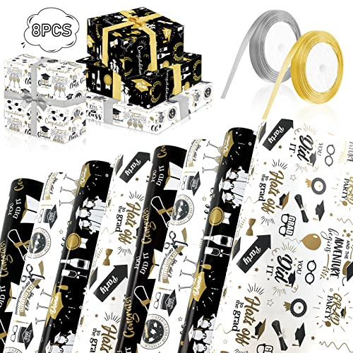 TOPJOWGA Carta da Regalo di Laurea, 8 Fogli Con 2 Rotoli di Nastro, Foglio di Carta da Regalo per Feste, 70cm x 50cm