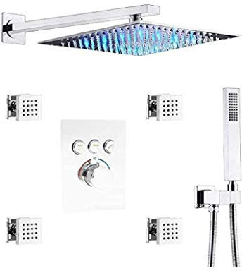 Wandhalterung, Thermostat, Messing, Chrom, 25,4–30,5 cm, LED-Regenduschkopf, Combo-System mit 4 Körperdüsen und Handbrause, luxuriöses Duschset, 25,4 cm