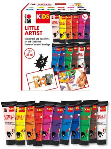 Marabu KiDS Little Artist, 12 x 36 ml Künstlermal- und Bastelfarbe für Kinder ab 3 Jahren, Kindermalfarbe auf Wasserbasis, auswaschbar, vegan, glutenfrei, Made in Germany, 0305000000102