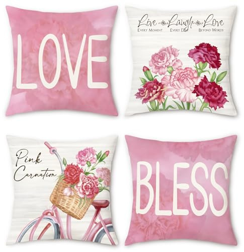 Bonhause 4er Set Kissenbezüge Blumen Rosa 45 x 45 cm Nelke Samt Soft Dekorative Kissenhülle Zierkissenbezüge für Sofa Schlafzimmer Wohnzimmer Zuhause Dekoration