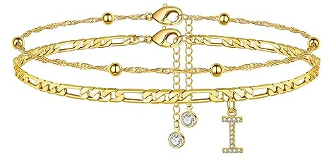 TINGN Fotkedjor för kvinnor, silver 14k förgyllda vristlänk för kvinnor vristlänk med A-Z bokstäver dubbel vristkedja justerbar present till sommar dotter vän syster present, 21.5cm+5cm Extender