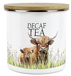 Purely Home Highland Cow & Calf Decaf Tea - Country Farm - White Metal Enamel Medium Sized Kitchen Food Storage Container