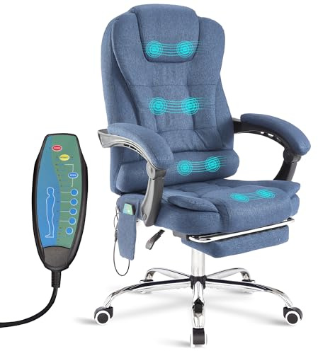 Massage Office chair for Home Office, Computer Desk Chairs Executive Office Chair with Footrest 135° Reclining Extra Padded Adjustable Height Heavy Duty 360° Tilt Function & Remote, Blue