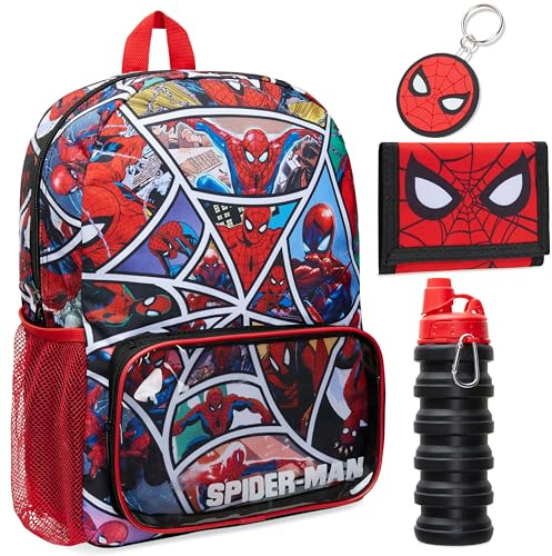 Marvel Spiderman Sac à Dos Scolaire avec Bouteille d'eau et Trousse Scolaire, Sac déjeuner ou Porte-clés Portefeuille Set de 4 pièces Cadeaux pour Enfants, Multicolore, 39 × 28 × 12.5 cm, Spiderman