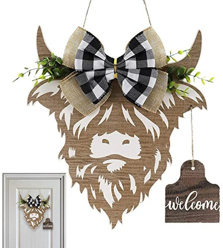 Aznever Panneau de Bienvenue pour Porte d'entrée, Tête de Vache en Bois Panneau de Bienvenue Décor de Porte d'entrée, Rustique Farmhouse Door Hanger Wreath Welcome Porch Sign pour la décoration