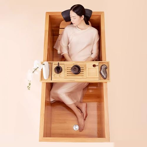 MegLob Rechteck Freistehende Hölzerne Badewanne Beleuchtete, Breite Tiefenbadewanne Für Paare, Orientalische Stil Freistehende Badewanne Mit Festem Holzschale,180cm/70.89in
