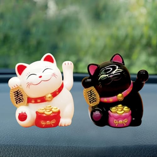 Auto Solar Winken Händen Glückliche Katze, Lucky Cat Solar Wackelfiguren Tanzende Winkekatze, Solarfigur Statue Auto Armaturenbrett Ornamente, Wackelfigur für Auto Haus Oder Büro (1 Weiß 1 Schwarz)