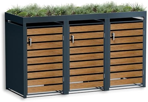 Metzler Mülltonnenbox 3er 240L in Anthrazit & Holzoptik mit Pflanzdach & Sichtstreifen, Mülltonnenverkleidung 3 Tonnen mit Automatikdeckel, Müllbox mit pulverbeschichtetem Stahl rostfrei, abschließbar