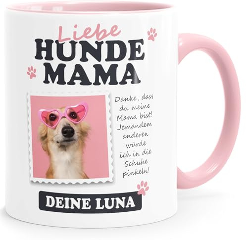 SpecialMe® Tasse Hundemama personalisierbar mit Foto und Wunschname personalisierte Geschenke Hundebesitzer Hundemotiv Hundeliebhaber Weiss-innen-rosa standard