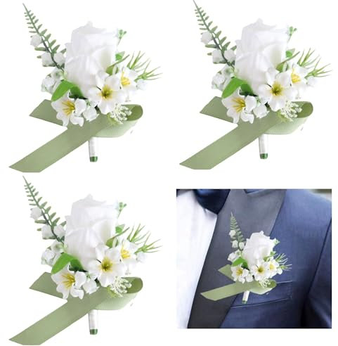 Huilimei Künstliche Rosen-Boutonniere für Braut und Bräutigam, Brautjungfer, Ansteckblume für Hochzeit, Jahrestag, Abendessen, Tanz (weiß), 4 Stück