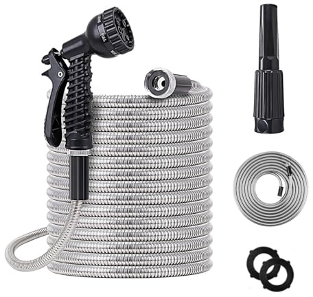 100ft Metal Garden Hose Stainless Steel Heavy Duty Water Hose With 2 Nozzles, No Tangle and Kink, Lightweight & Flexible, Tough and Pet Proof, Metal Garden Hose for Yard, RV, Garden, Outdoor