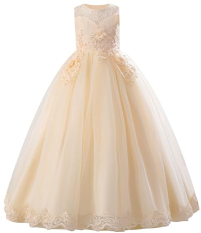 IDOPIP Vestido de encaje para niña de flores para boda, desfile, fiesta formal, vestido largo de princesa, vestido maxi de tul para primera comunión, Champán, 13-14 años