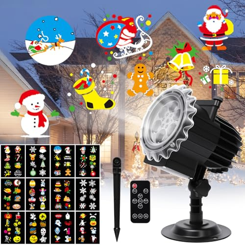 CIXMUS Proyector Navidad Exterior, Decoración Navideña LED Impermeable IP44,con 12 Diapositivas y Control Remoto, para Interior Exterior Decoración de Atmósfera Festiva
