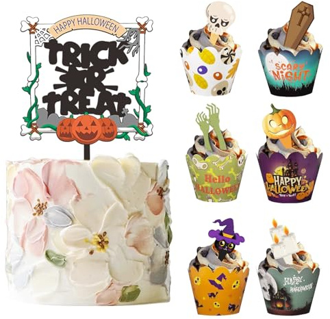 49 Stück Halloween cake Dekorationen, Cupcake Topper, Cupcake Deko,1 Stück Große Kuchendekoration+ 24 Cupcake Wrappers + 24 Muffin Deko, für Halloween-Mottopartys