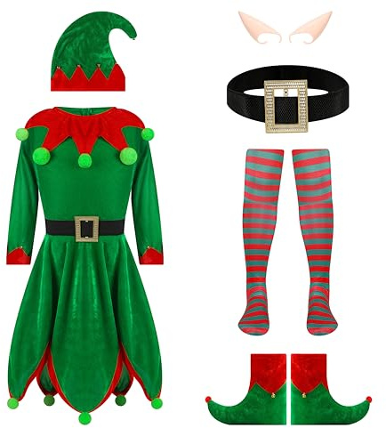 QiaoPkeb 6-teilige Frauen Urlaub Elfen Kostüm Samt Kleid Weihnachten Karneval Rollenspiel Elfen Hut Schuhe Ohrriemen Socken