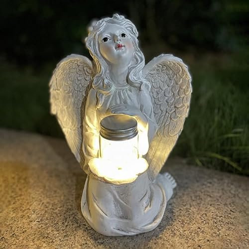 FIYSON Solar Engel Gartenfiguren, LED Engel Mädchen Figur, Wetterfeste Fairy Engel Grablichter, Solar Engel Grabschmuck, für Rasen, Hof, Terrasse, Fensterbank, 24x19x14cm