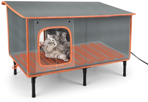 Heated Cat House for Outside in Winter, Weatherproof Outdoor Cat House with Cat Heating Pad, Waterproof &Safe Escape Door, Insulated Cat Shelter with Heater for Feral Barn Cats Kitty