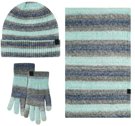 Mütze Schal & Handschuh-Sets für Damen 3 in 1 Set Streifen Farbverlauf Warm Bommelmütze Winter Beanie Mütze Langer Strickschal Mützen Set im Freien Damen Winddicht Gestreift Winterset 3 Teilig