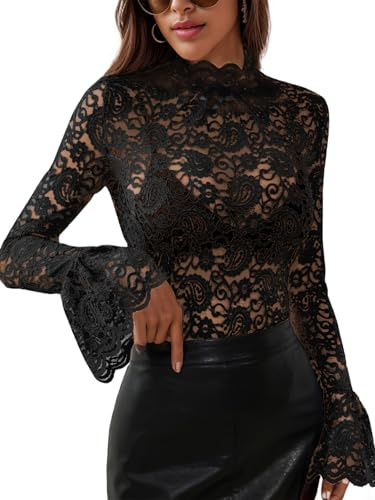 Women's Long Sleeve Lace Mesh Tops High Neck Sheer Blouse Sexy Floral Going Out Top Black