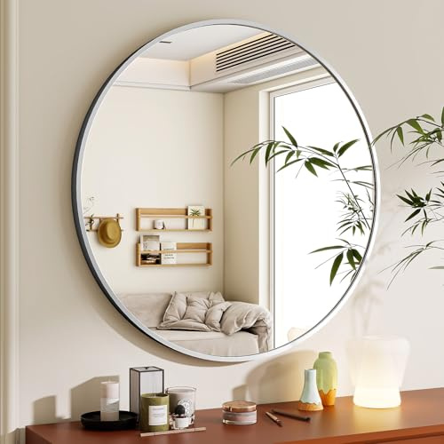 BEAUTYPEAK 60 cm rund spegel, dekorativ väggspegel för badrum, fåfänga, vardagsrum, entré, rund spegel, infattad i ädel aluminiumram