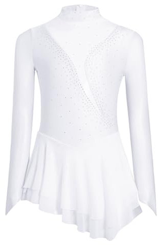 TiaoBug Mädchen Langarm Eiskunstlauf Kleider Asymmetrische Kürkleider mit Strasssteine Rollkragen Mesh Spleiß Leotard mit Tutu Eislaufen Rock Wettbewerb Kostüm gr. 110-170 Weiß 134-140