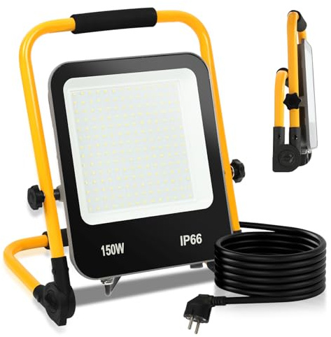 Fiqops 2x LED Baustrahler 150W 12000LM, Baustrahler LED mit stativ und 3m Kabel,LED Arbeitsleuchte mit Stecker,IP66 Wasserdichter Arbeitsscheinwerfer für Garage Werkstatt Baustelle,Kaltweiß