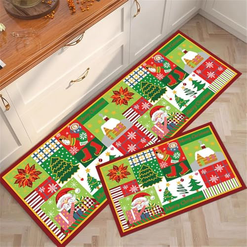 Highdi Weihnachten Küchenläufer, Saugfähig Läufer Flu Teppich Küche Flur Teppich Läufer, Waschbar Teppich Küche, rutschfest Küchenteppich,für Eingangsbereich Esszimmer (50x200cm,Grün 1)