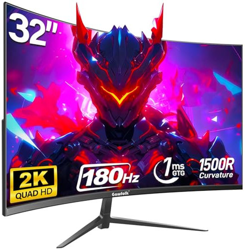 Gawfolk 2K 180Hz Curved Monitor, 32 Inch QHD 2560x1440p Gaming Screen with FreeSync, Flicker-Free, 2X HDMI 2.0, DP 1.4, Ultra-Thin Frameless 1500R PC Monitor