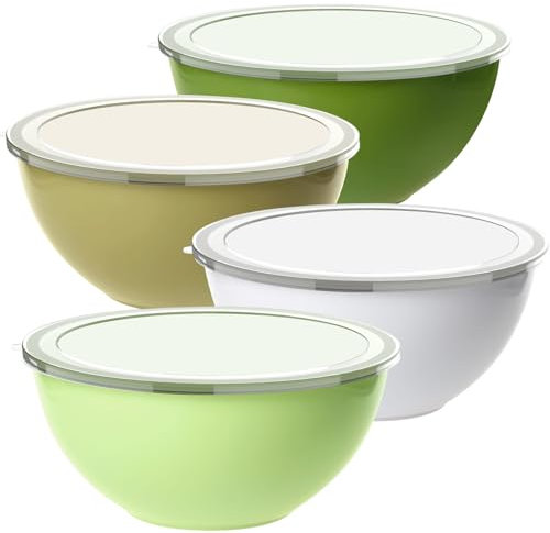 Greentainer Salad Bowl Set with Lid, 4-Piece Large Kitchen Plastic Mixing Bowl, Stackable Nesting Bowls, Serving Bowls Ideal for Baking, Cooking, Salad & Food Prep, 3.35L, Green