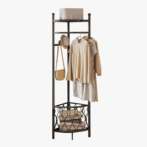Garderobenständer mit Aufbewahrungskorb, Freistehende Ecke Kleiderständer mit 4 Haken/Ablagen/Kleiderstange, Garderobe Flur für Schlafzimmer Wohnzimmer Eingangsbereich, Schwarz