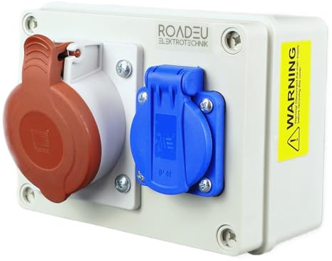 RoadEu - CEE Steckdose 16A und 1x Schuko Verteiler - Stromverteiler 16A - Steckdosenverteiler IP44 Für den Innen- und Außeneinsatz Baustromverteiler 16A.