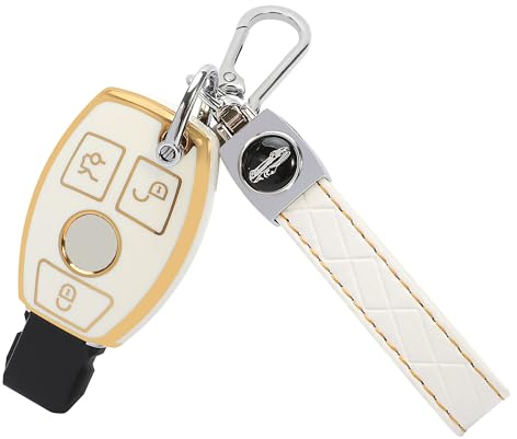 TOMALL Coque de clé pour Mercedes Benz avec porte-clés à 3 boutons en TPU souple compatible avec Mercedes Benz C E S M G R Class AMG CLK GLA GLC GLE GLK CLA CLS GLS, blanc
