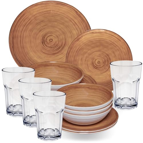 Melamin Geschirr Set Braun 4 Personen 16 Teile klaren 400ml Acryl Camping
