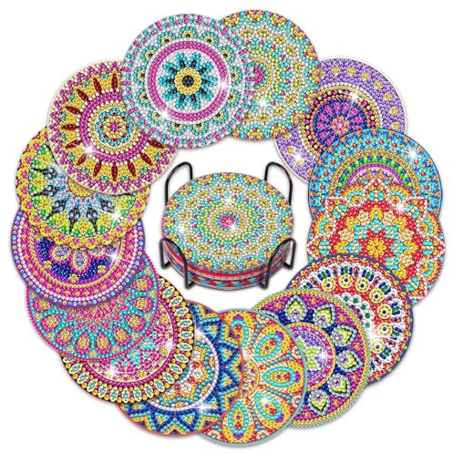 Mulaibdin 14-Piece Diamond Art Coasters With Holder - DIY Mandala Painting Set for Adults and Beginners - Housewarming Gifts, Decorative Home Accessories