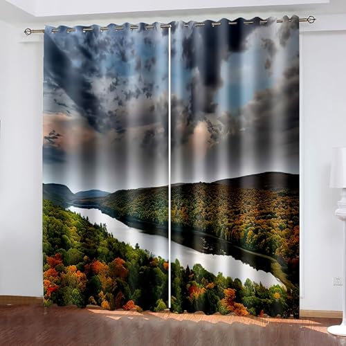 Lirzxin Lichtdichte Vorhänge 274 cm Lang, Verdunkelungsvorhang mit Ösen 2er Set Grau Grün Fluss und Wald Landschaft Gardinen für Wohnzimmer Schlafzimmer Kinderzimmer, 137x274 cm(BxH)