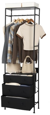 COSTWAY Garderobsställ med 3 lådor, garderob med hängande stång och förvaringsfack, fristående, hallgarderob industriell för hall och sovrum, 55 x 28 x 176 cm (svart)
